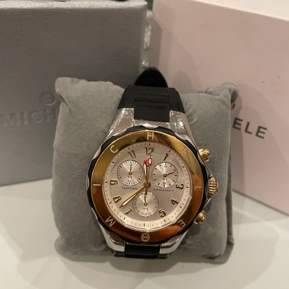 Michele Jelly Bean Tahitian Chronograph Black Silver/Gold Dial Rubber Watch